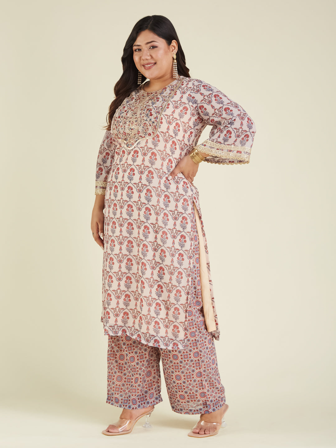 Ninnique Women's Plus Size Cream & Maroon Georgette Embroidered Ajrakh Printed Straight Kurta Set