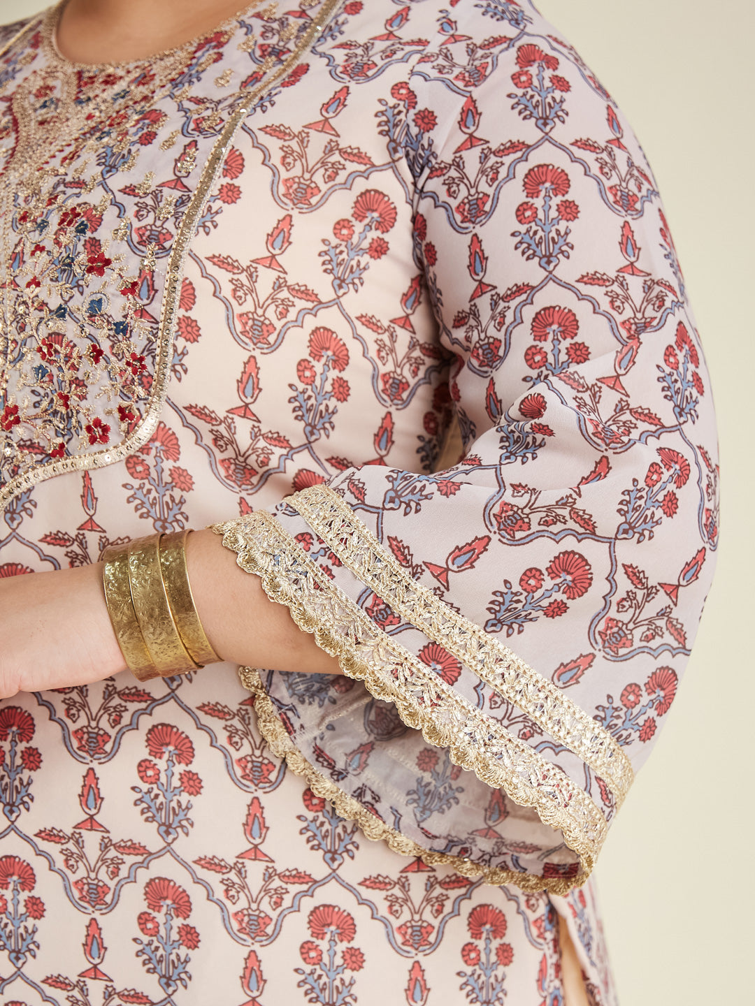 Ninnique Women's Plus Size Cream & Maroon Georgette Embroidered Ajrakh Printed Straight Kurta Set