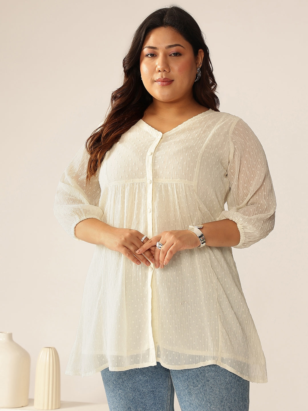 Ninnique Women's Plus Size Off White Dobby Chiffon Self Design A-line Tunic
