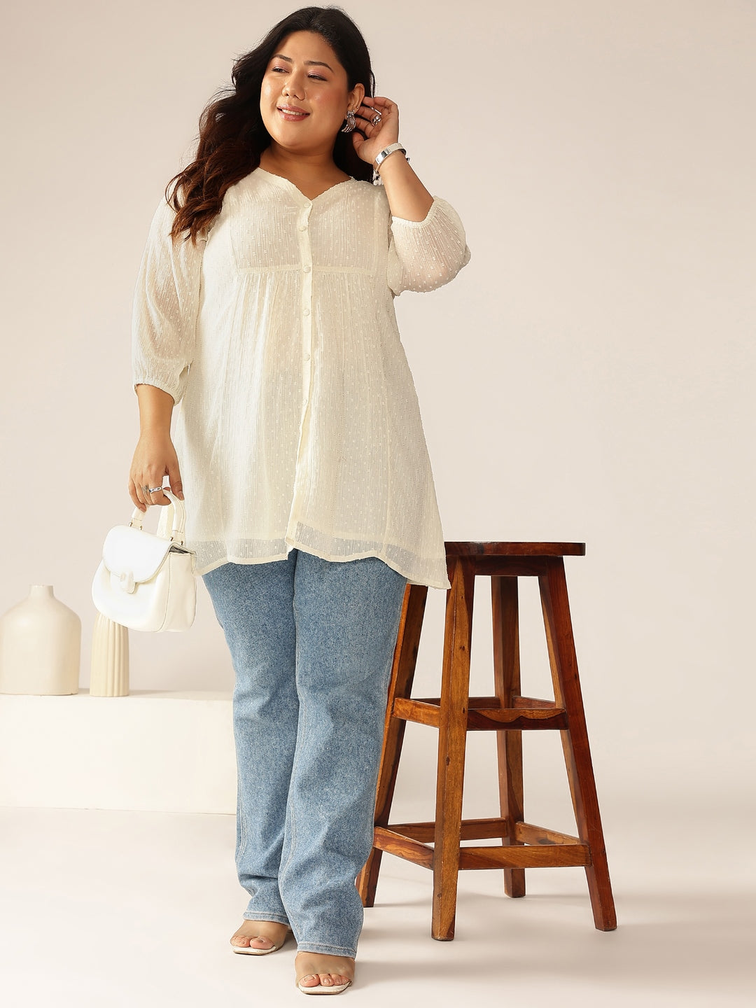 Ninnique Women's Plus Size Off White Dobby Chiffon Self Design A-line Tunic