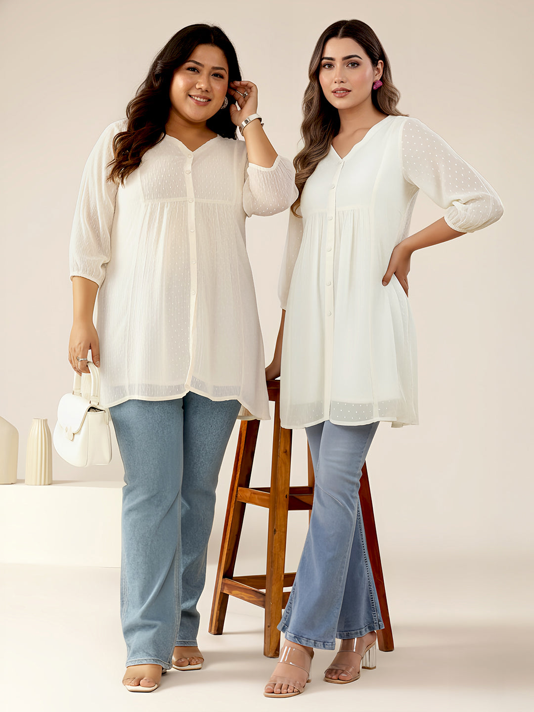 Off White Chiffon Self Design A-Line Tunic