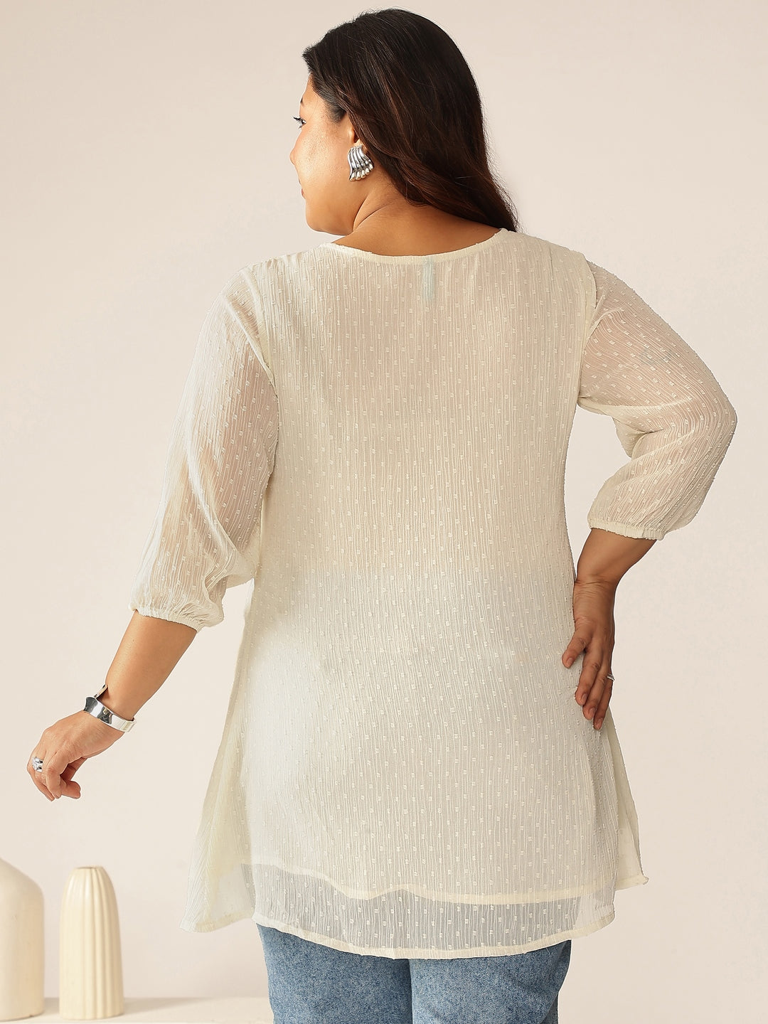 Ninnique Women's Plus Size Off White Dobby Chiffon Self Design A-line Tunic