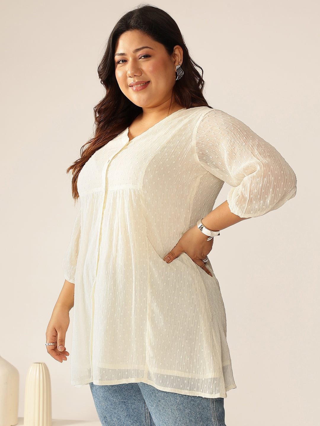 Ninnique Women's Plus Size Off White Dobby Chiffon Self Design A-line Tunic