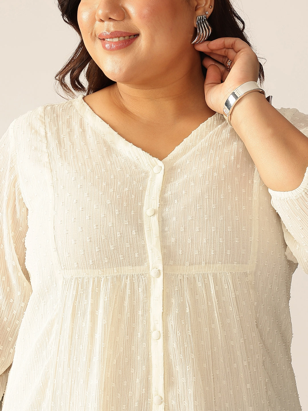 Ninnique Women's Plus Size Off White Dobby Chiffon Self Design A-line Tunic