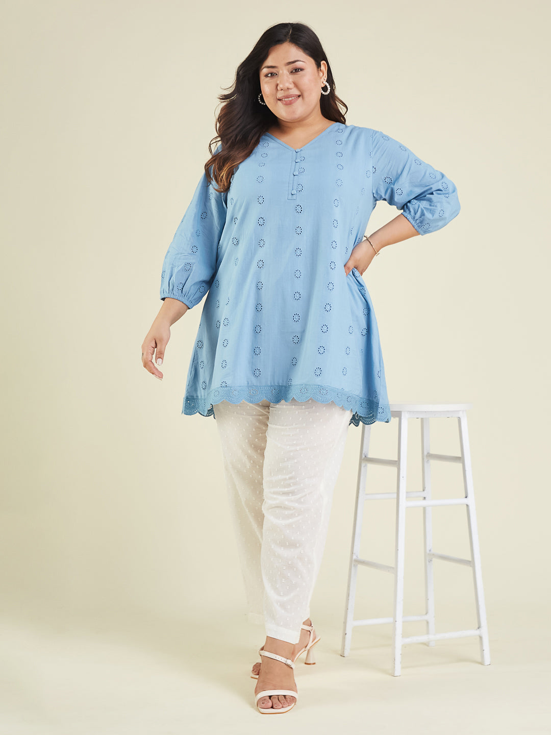 Ninnique Women's Plus Size Light Blue Pure Cotton Schiffli Embroidered A-line Tunic