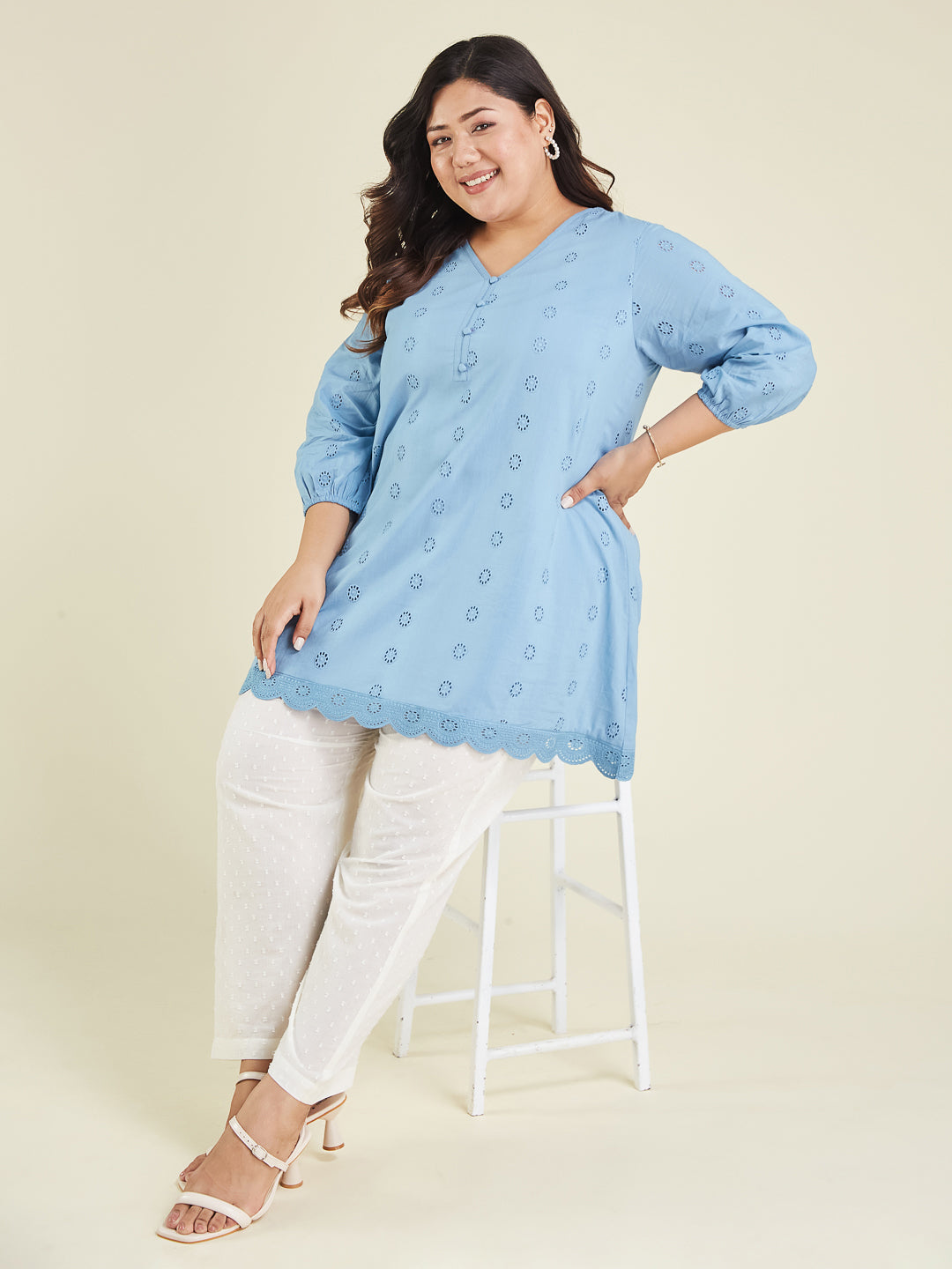 Ninnique Women's Plus Size Light Blue Pure Cotton Schiffli Embroidered A-line Tunic