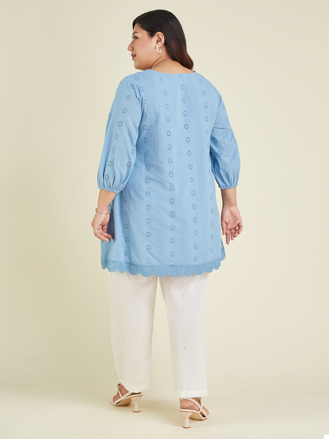 Ninnique Women's Plus Size Light Blue Pure Cotton Schiffli Embroidered A-line Tunic
