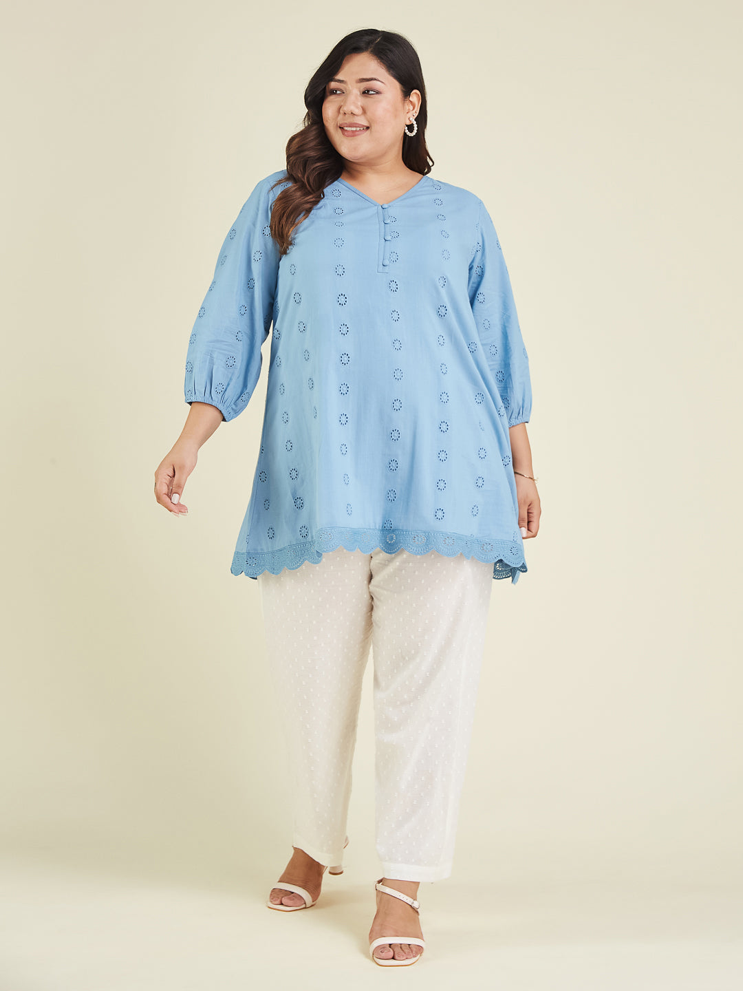 Ninnique Women's Plus Size Light Blue Pure Cotton Schiffli Embroidered A-line Tunic