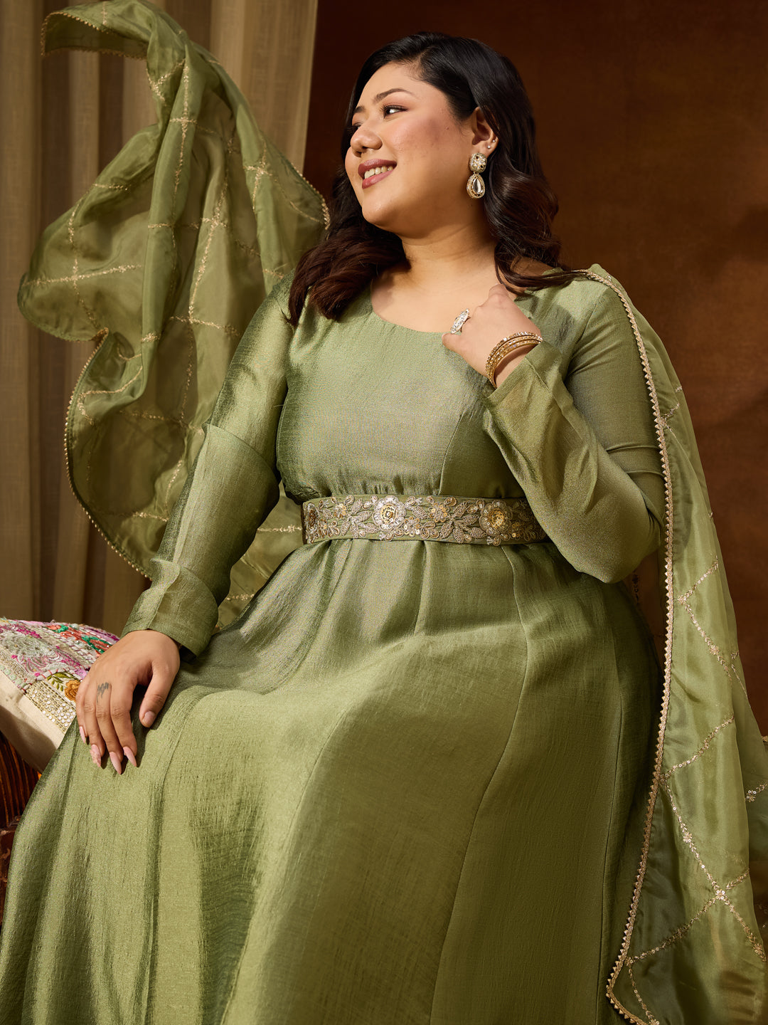 Ninnique Women's Plus Size Sage Green Silk Blend Flared Gown With Embellished Belt