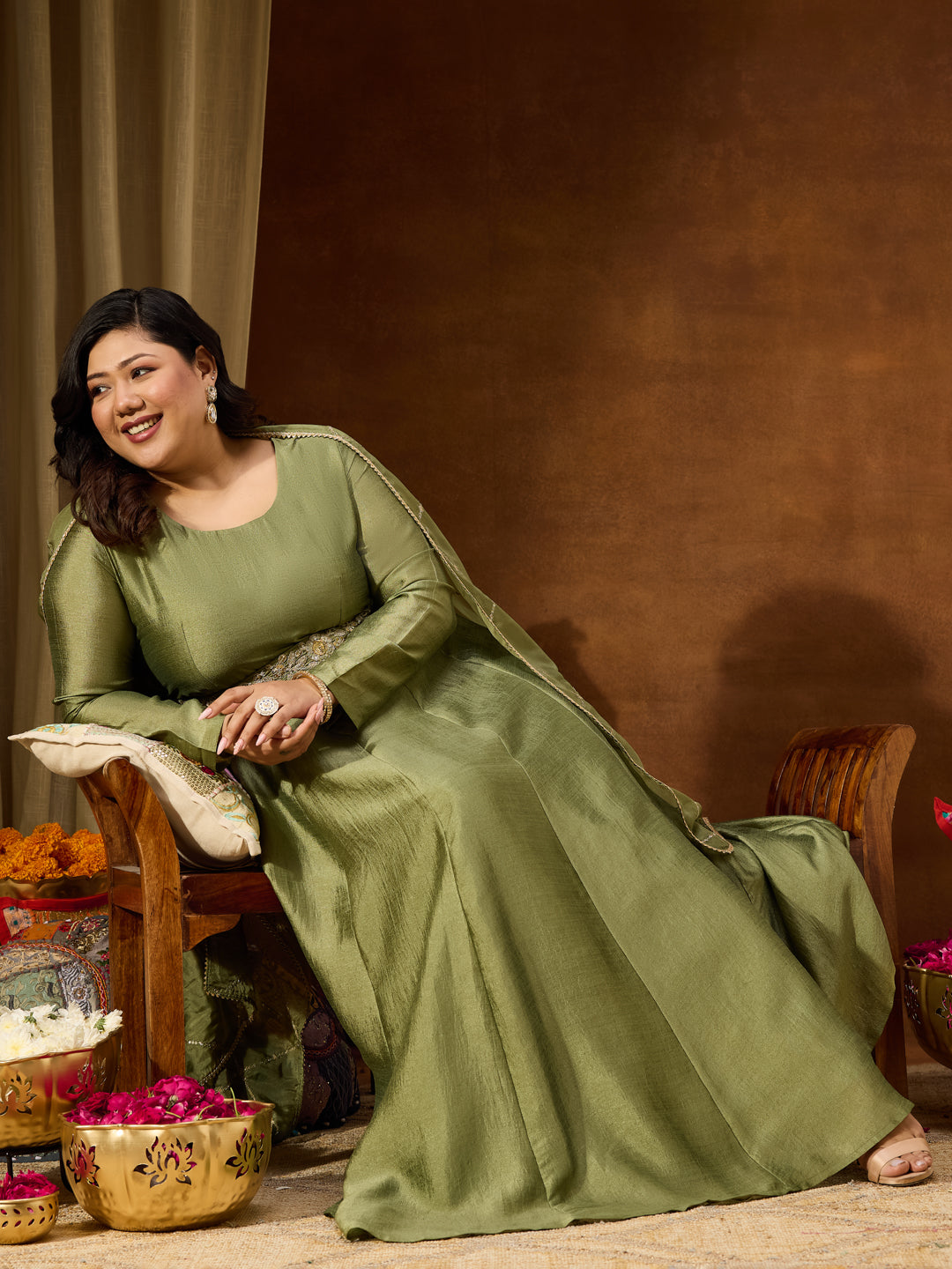Ninnique Women's Plus Size Sage Green Silk Blend Flared Gown With Embellished Belt