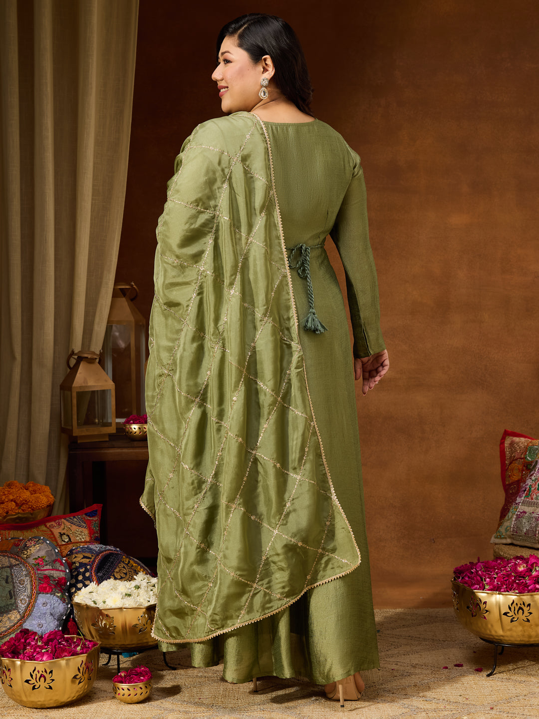 Ninnique Women's Plus Size Sage Green Silk Blend Flared Gown With Embellished Belt