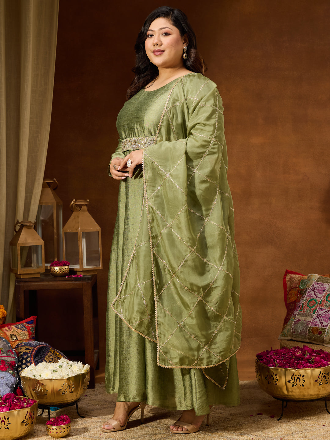 Ninnique Women's Plus Size Sage Green Silk Blend Flared Gown With Embellished Belt