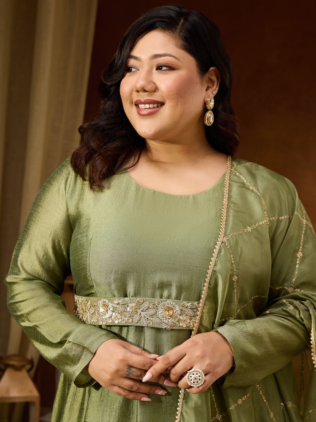 Ninnique Women's Plus Size Sage Green Silk Blend Flared Gown With Embellished Belt