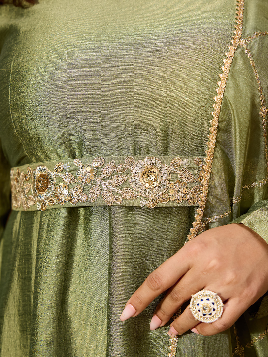 Ninnique Women's Plus Size Sage Green Silk Blend Flared Gown With Embellished Belt