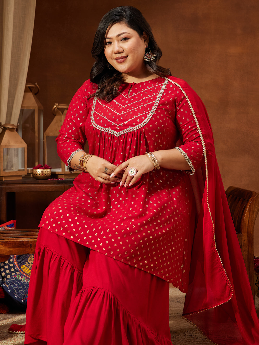 Ninnique Women's Red Rayon Embellished Gold Printed A-line Kurta With Sharara & Dupatta Set