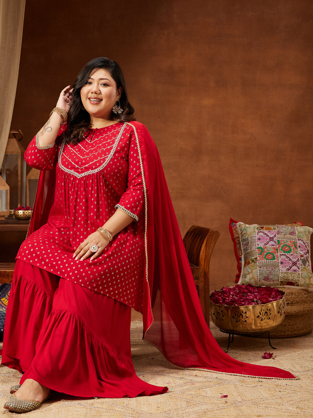 Ninnique Women's Red Rayon Embellished Gold Printed A-line Kurta With Sharara & Dupatta Set