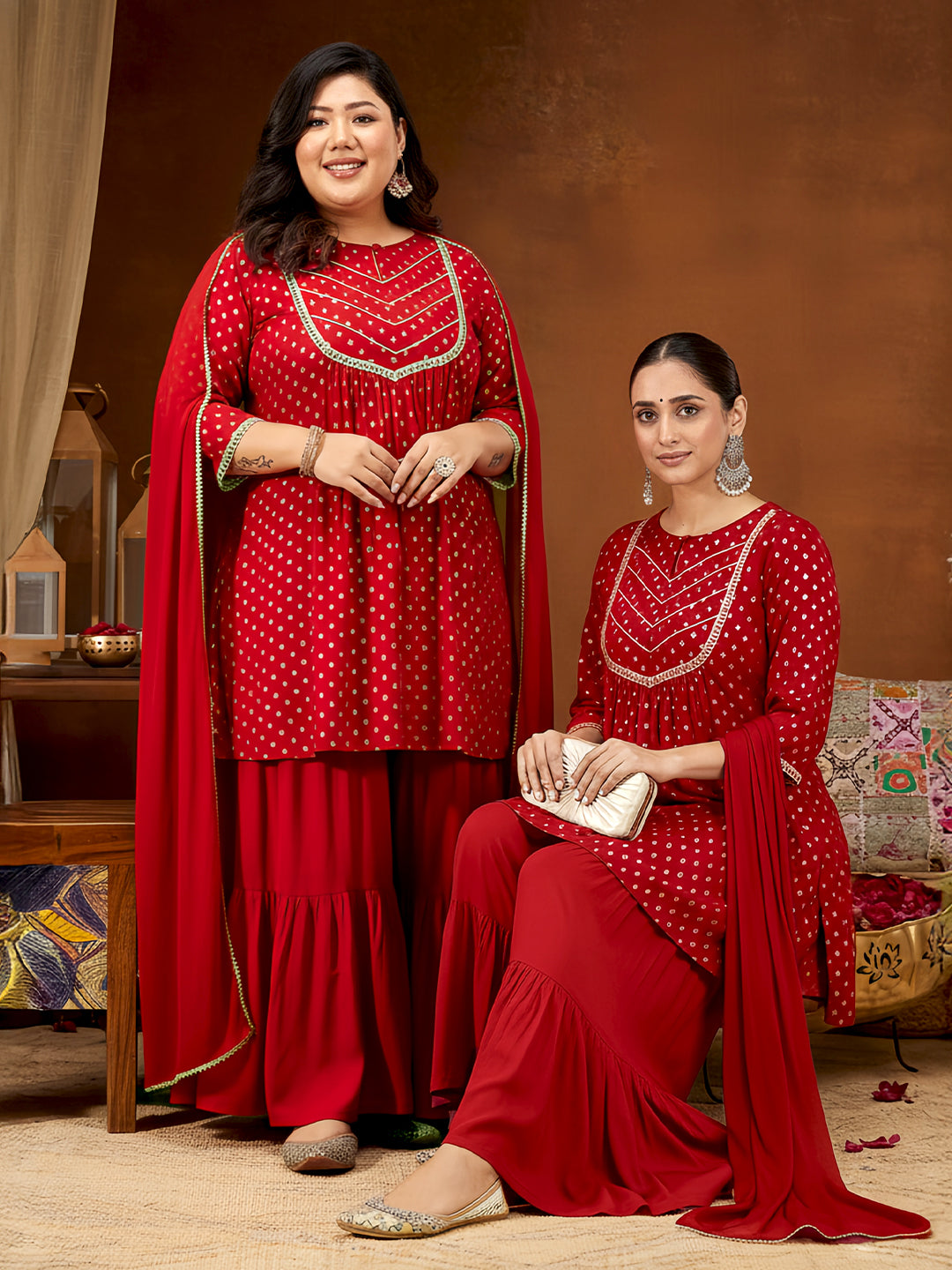 Ninnique Women's Red Rayon Embellished Gold Printed A-line Kurta With Sharara & Dupatta Set