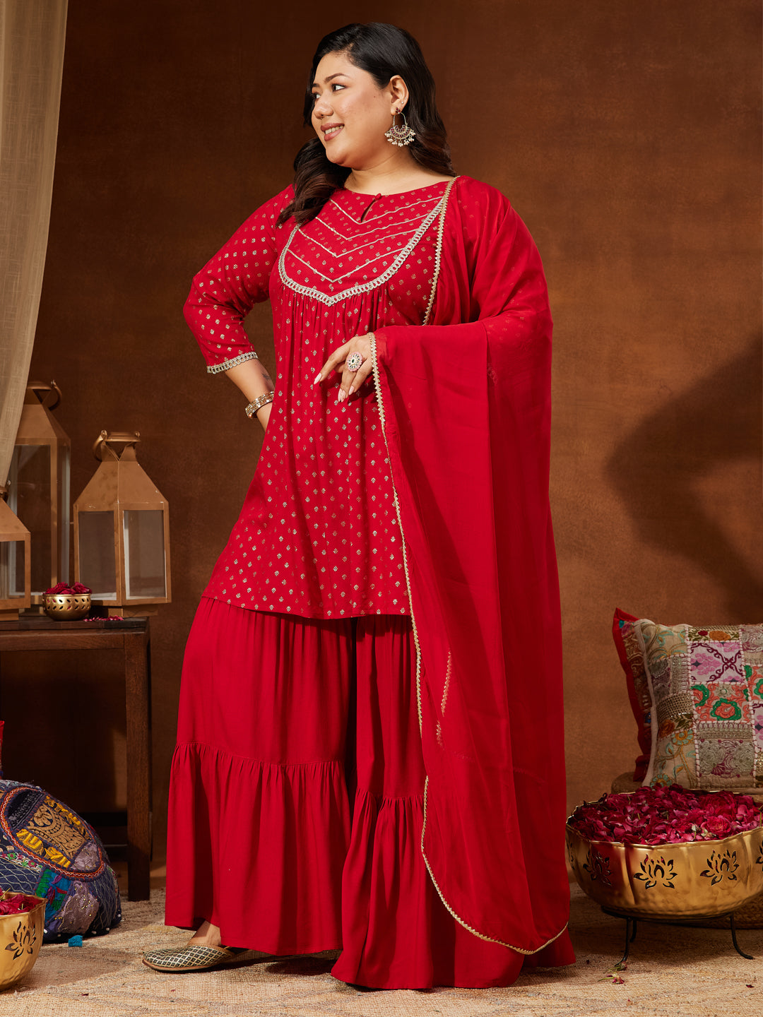 Ninnique Women's Red Rayon Embellished Gold Printed A-line Kurta With Sharara & Dupatta Set