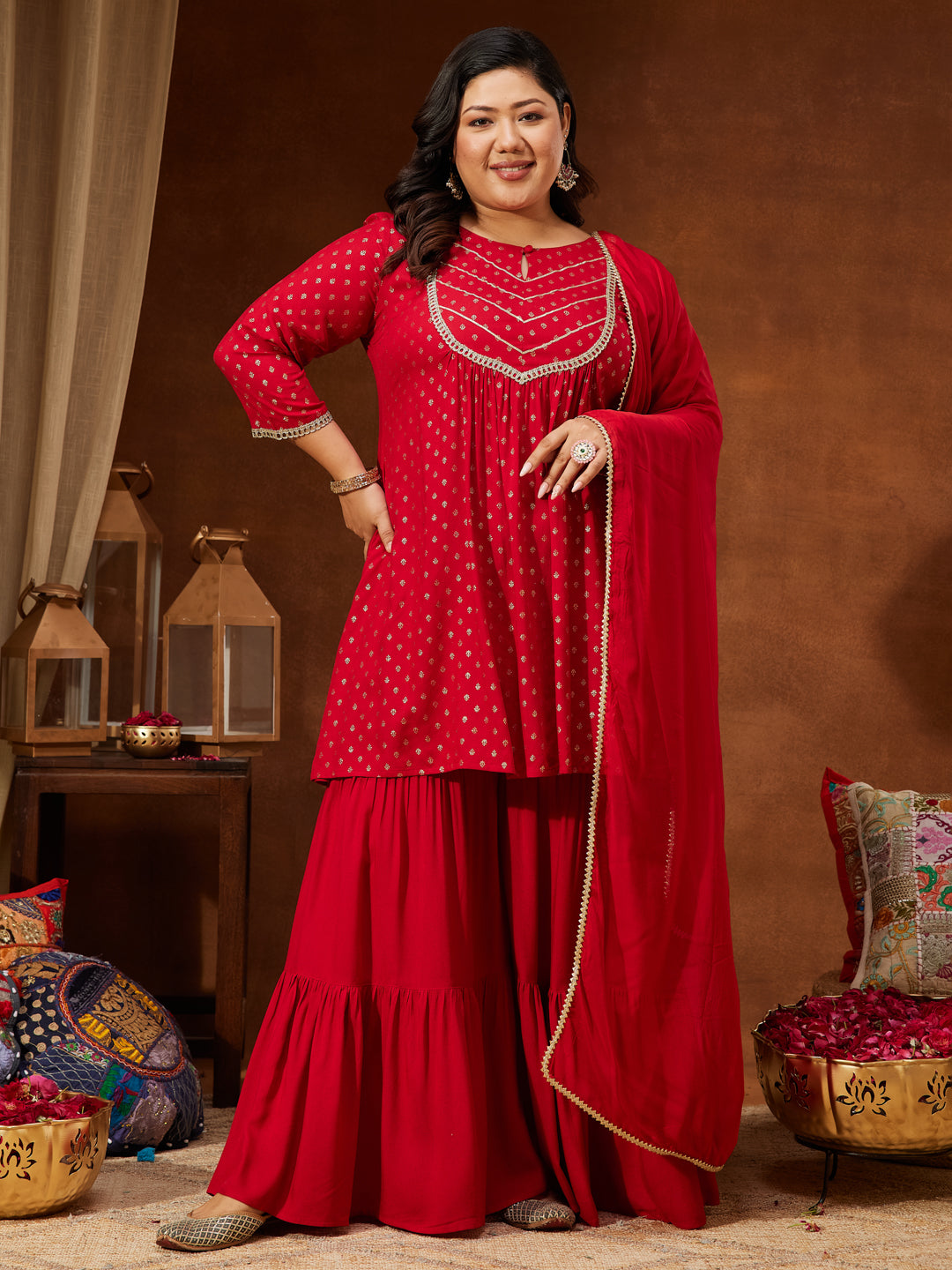 Ninnique Women's Red Rayon Embellished Gold Printed A-line Kurta With Sharara & Dupatta Set