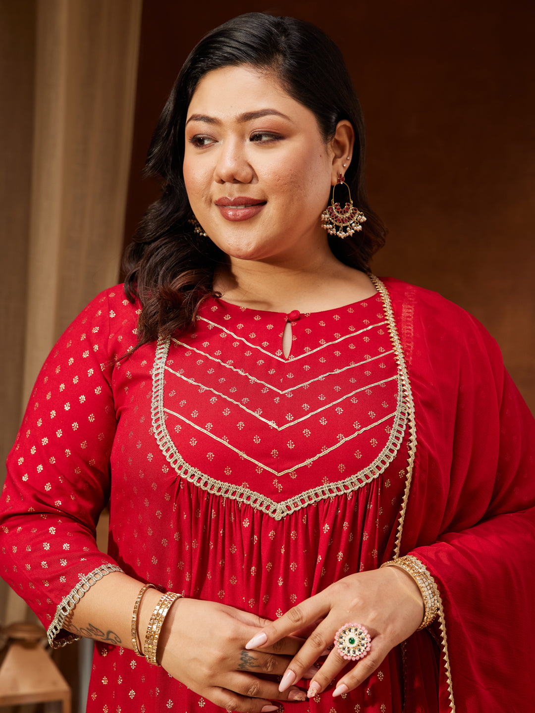 Ninnique Women's Red Rayon Embellished Gold Printed A-line Kurta With Sharara & Dupatta Set