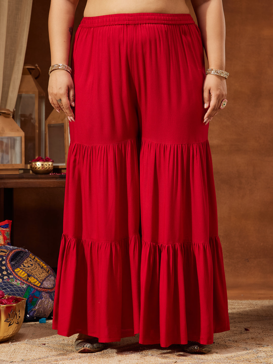 Ninnique Women's Red Rayon Embellished Gold Printed A-line Kurta With Sharara & Dupatta Set