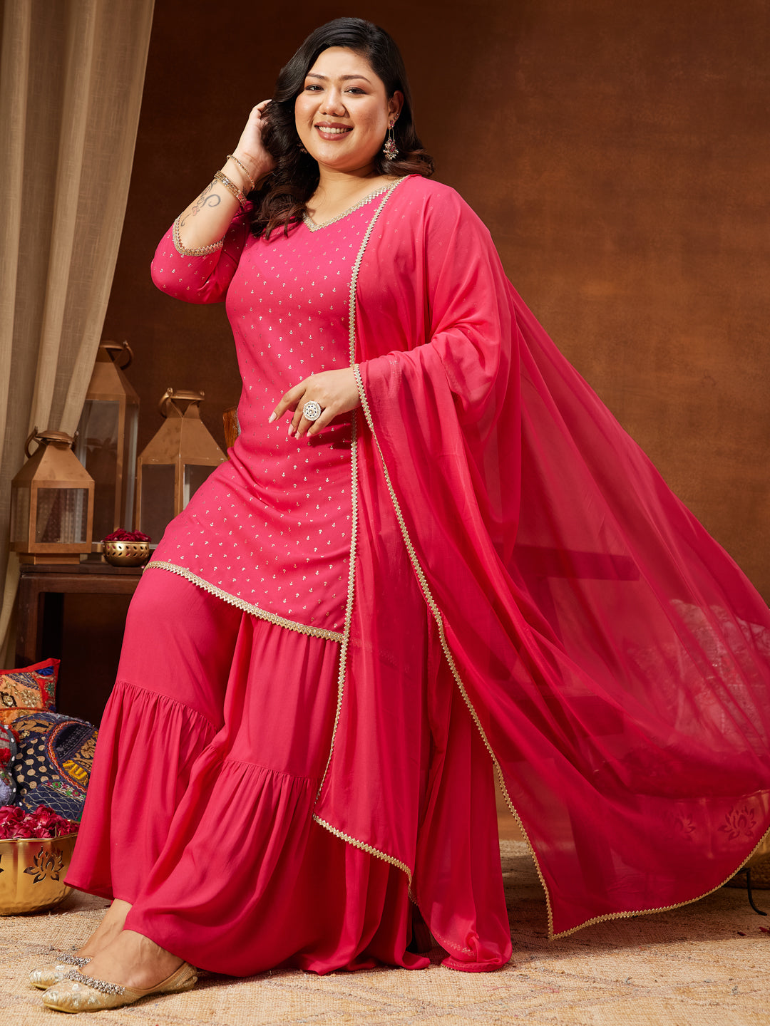 Ninnique Women's Plus Size Pink Rayon Embellished Gold Printed Straight Kurta With Sharara & Dupatta Set