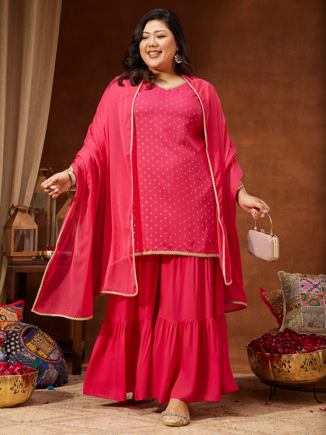 Ninnique Women's Plus Size Pink Rayon Embellished Gold Printed Straight Kurta With Sharara & Dupatta Set