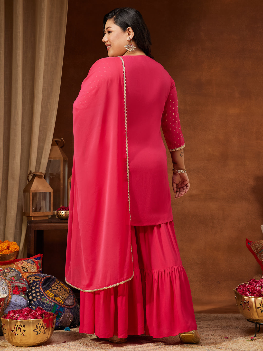 Ninnique Women's Plus Size Pink Rayon Embellished Gold Printed Straight Kurta With Sharara & Dupatta Set
