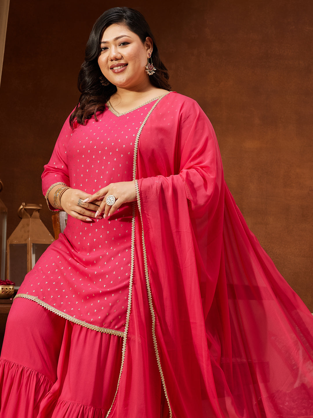 Ninnique Women's Plus Size Pink Rayon Embellished Gold Printed Straight Kurta With Sharara & Dupatta Set