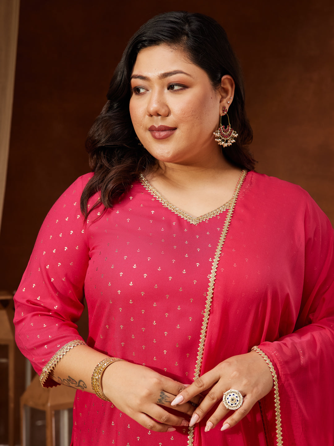 Ninnique Women's Plus Size Pink Rayon Embellished Gold Printed Straight Kurta With Sharara & Dupatta Set