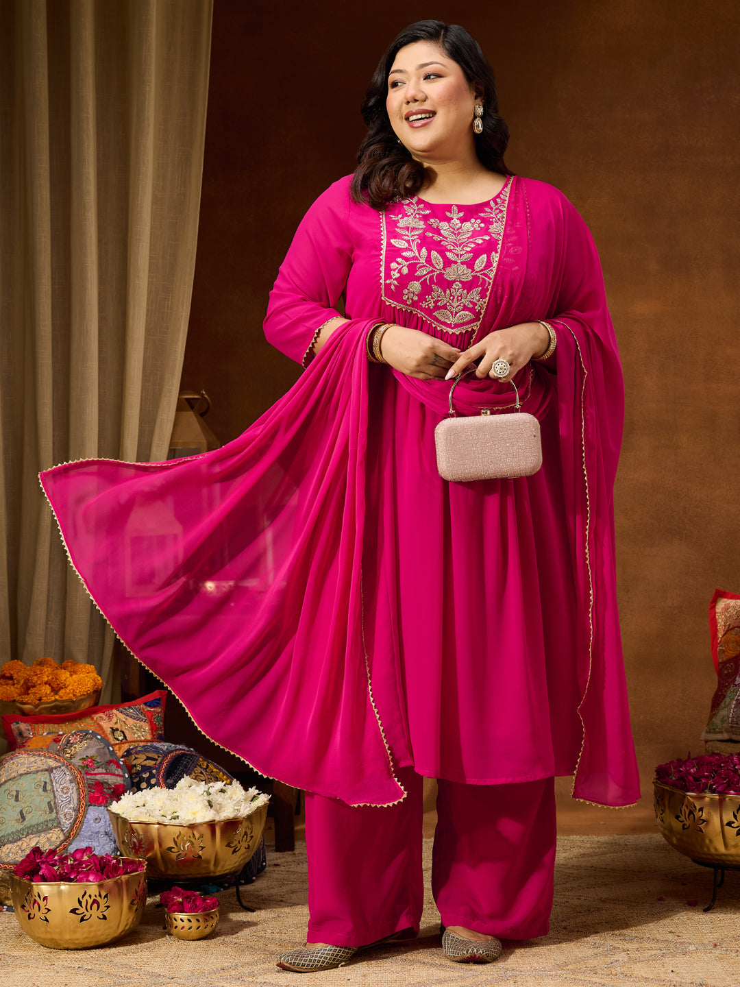 Ninnique Women's Plus Size Pink Georgette Yoke Zari Embroidered A-line Kurta Set