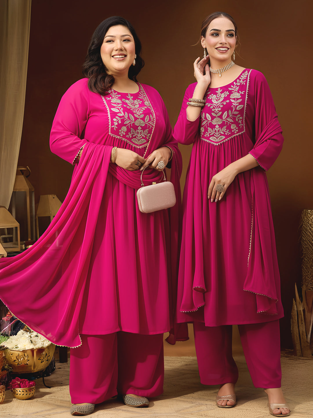 Ninnique Women's Pink Georgette Embroidered A-line Kurta With Palazzo Dupatta Set
