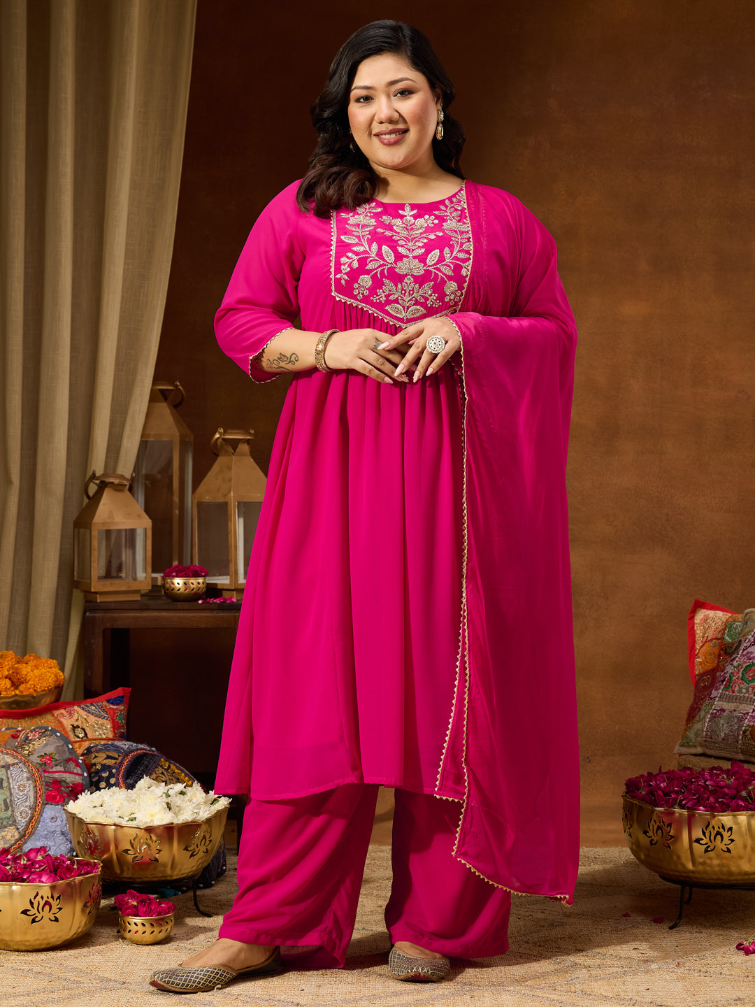 Ninnique Women's Plus Size Pink Georgette Yoke Zari Embroidered A-line Kurta Set