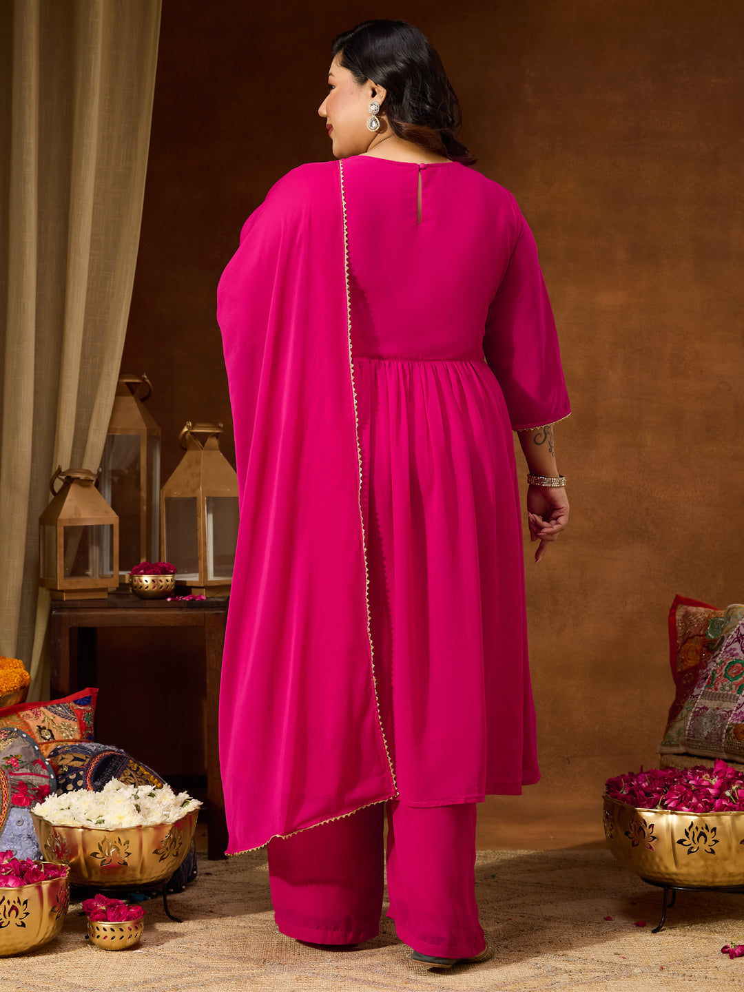 Ninnique Women's Plus Size Pink Georgette Yoke Zari Embroidered A-line Kurta Set