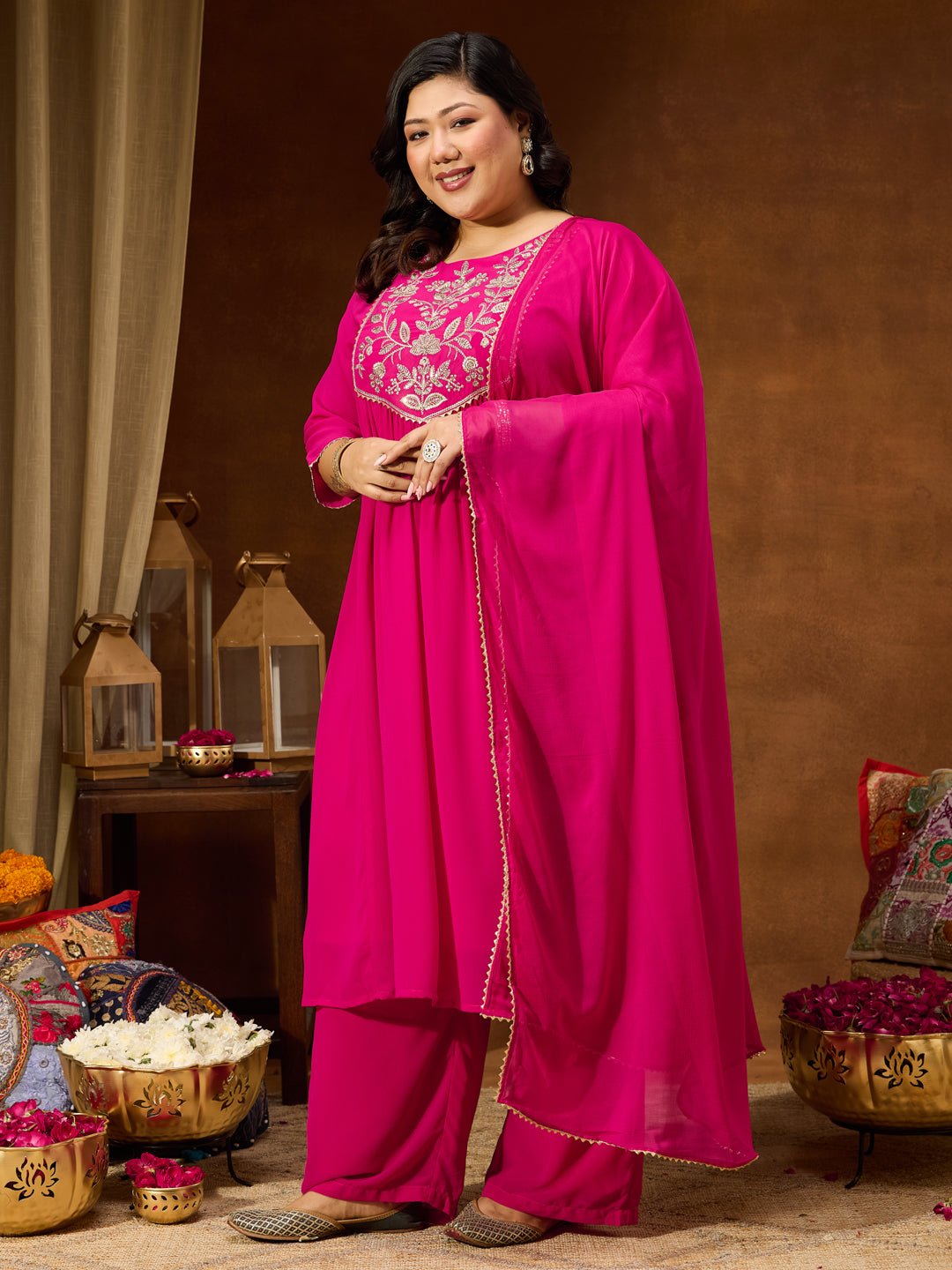 Ninnique Women's Plus Size Pink Georgette Yoke Zari Embroidered A-line Kurta Set