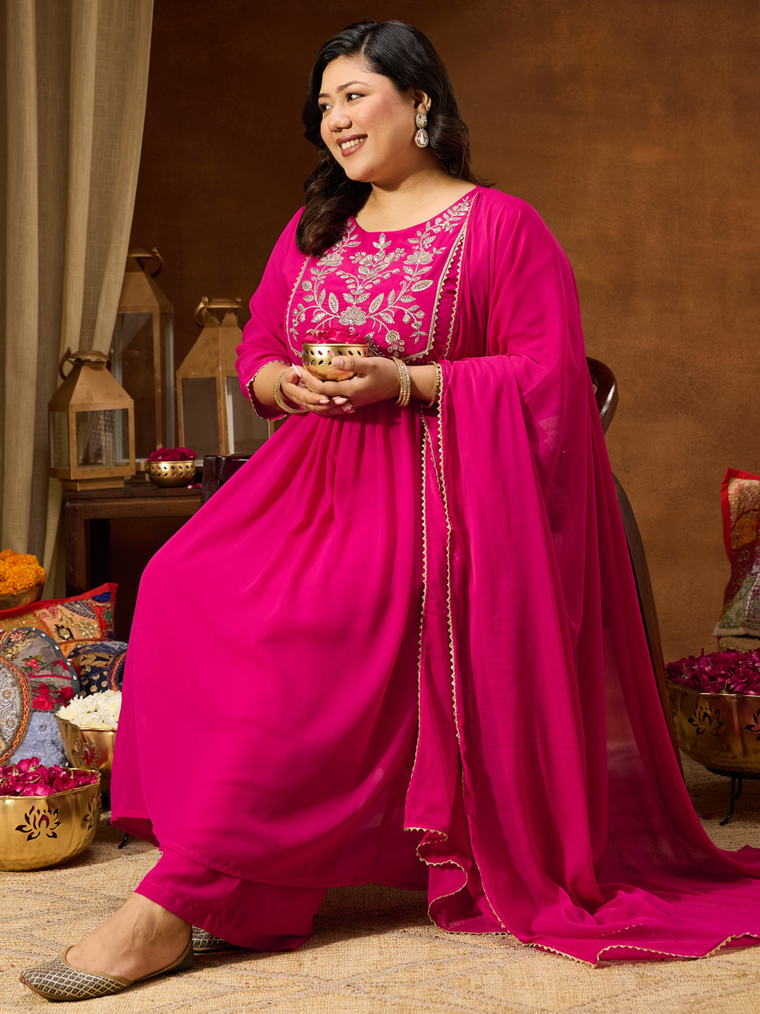 Ninnique Women's Plus Size Pink Georgette Yoke Zari Embroidered A-line Kurta Set
