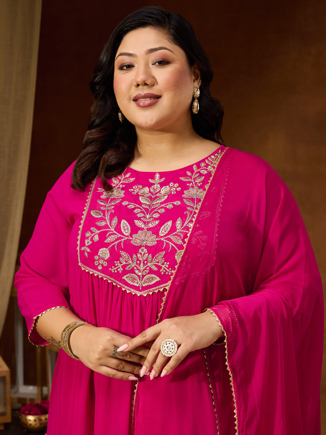Ninnique Women's Plus Size Pink Georgette Yoke Zari Embroidered A-line Kurta Set
