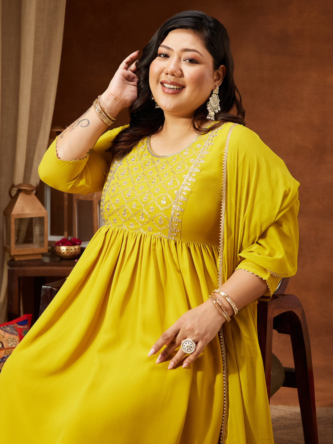 Ninnique Women's Plus Size Yellow Georgette Yoke Embroidered A-line Kurta With Palazzo & Dupatta Set