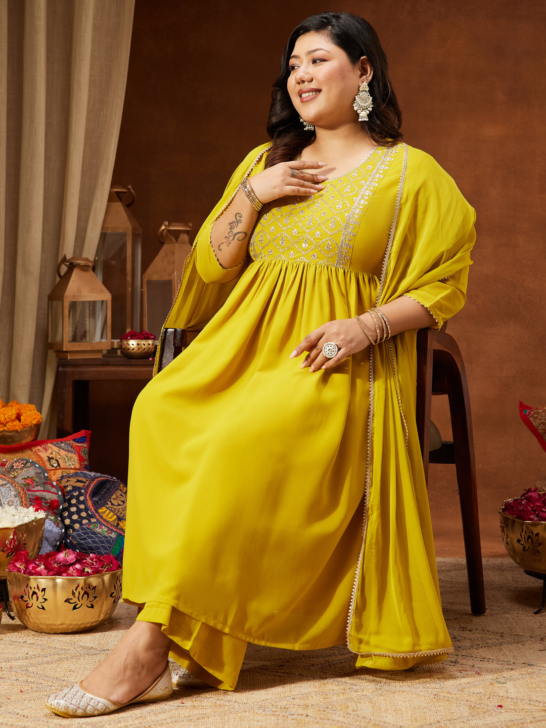 Ninnique Women's Plus Size Yellow Georgette Yoke Embroidered A-line Kurta With Palazzo & Dupatta Set