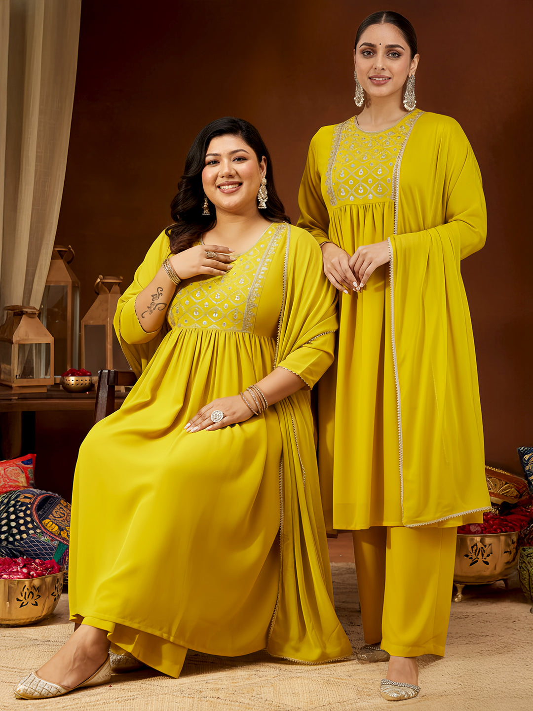 Ninnique Women's Mustard Georgette Zari Yoke Embroidery A-line Kurta With Palazzo & Dupatta Set
