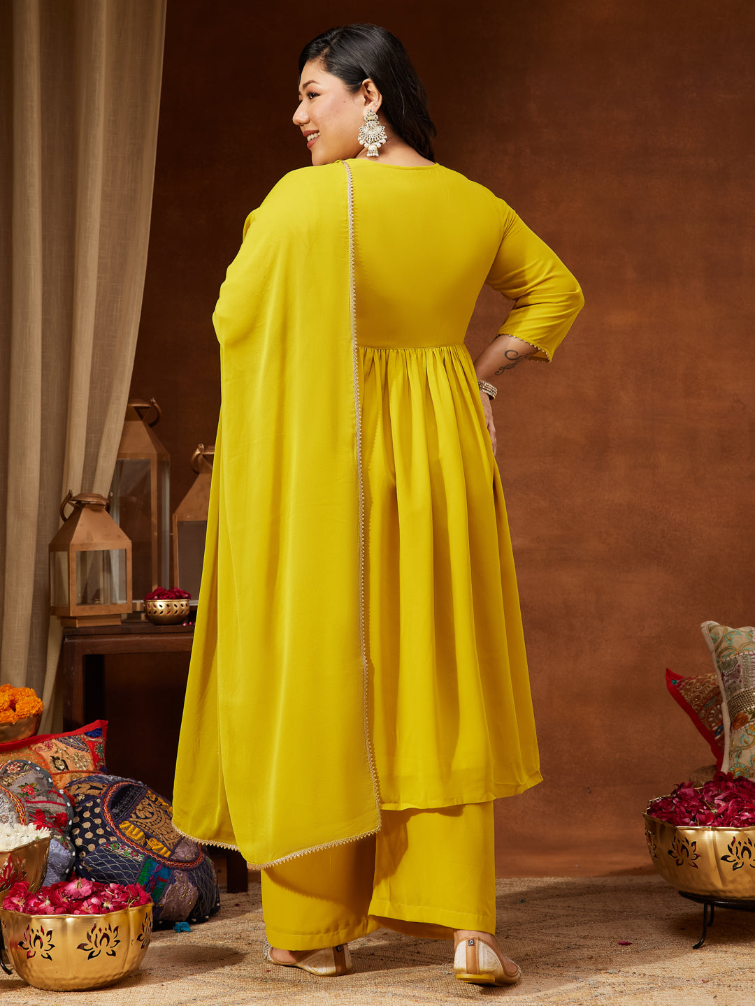 Ninnique Women's Plus Size Yellow Georgette Yoke Embroidered A-line Kurta With Palazzo & Dupatta Set