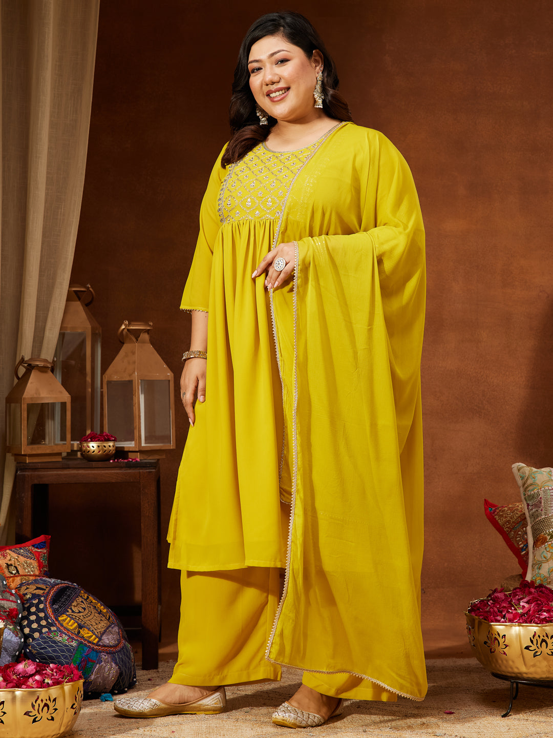 Ninnique Women's Plus Size Yellow Georgette Yoke Embroidered A-line Kurta With Palazzo & Dupatta Set