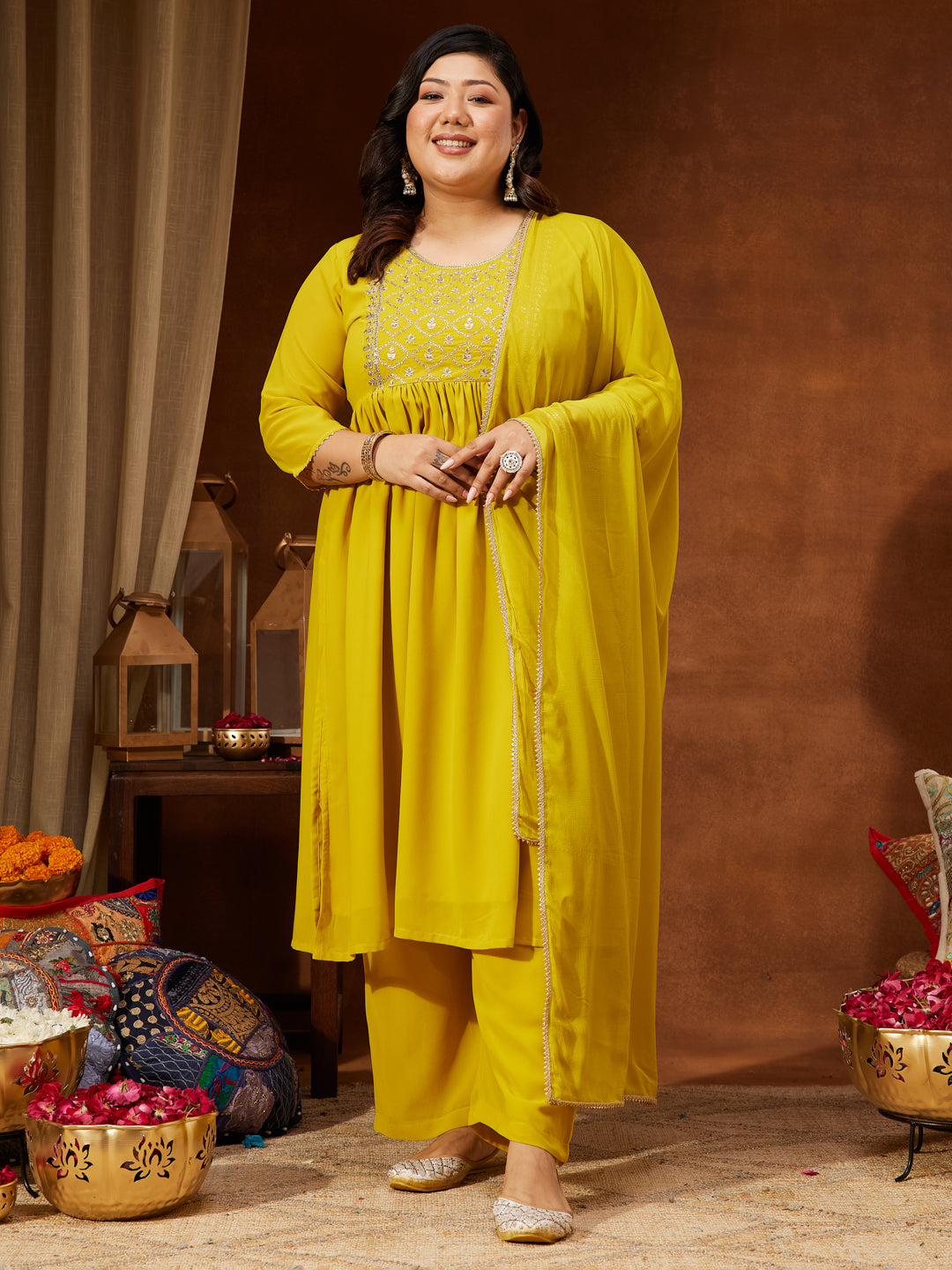 Ninnique Women's Plus Size Yellow Georgette Yoke Embroidered A-line Kurta With Palazzo & Dupatta Set