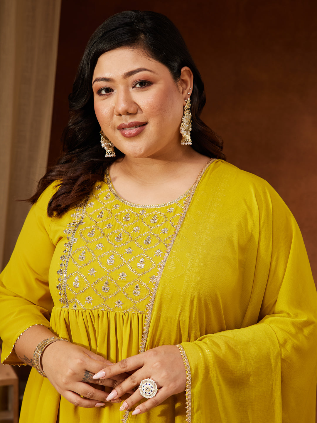 Ninnique Women's Plus Size Yellow Georgette Yoke Embroidered A-line Kurta With Palazzo & Dupatta Set