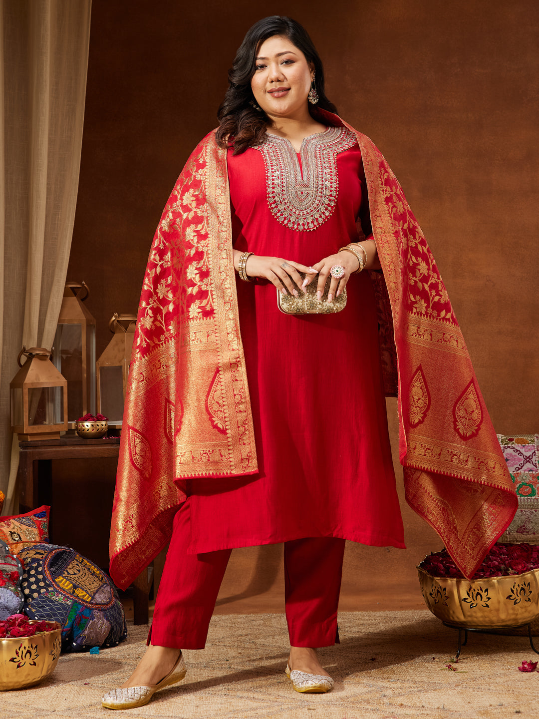 Ninnique Women's Plus Size Maroon Silk Blend Zari Embroidered Straight Kurta Set