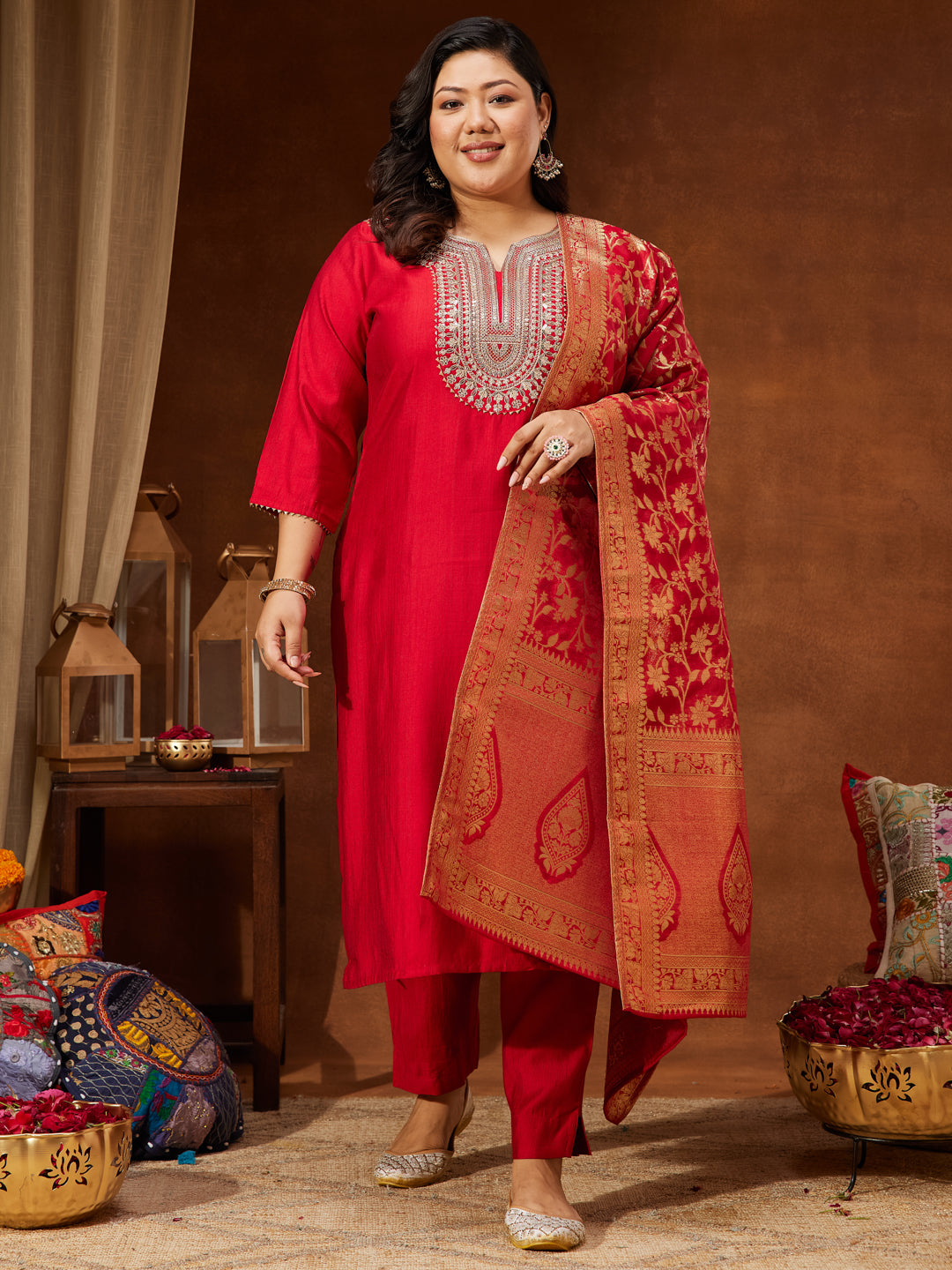 Ninnique Women's Plus Size Maroon Silk Blend Zari Embroidered Straight Kurta Set