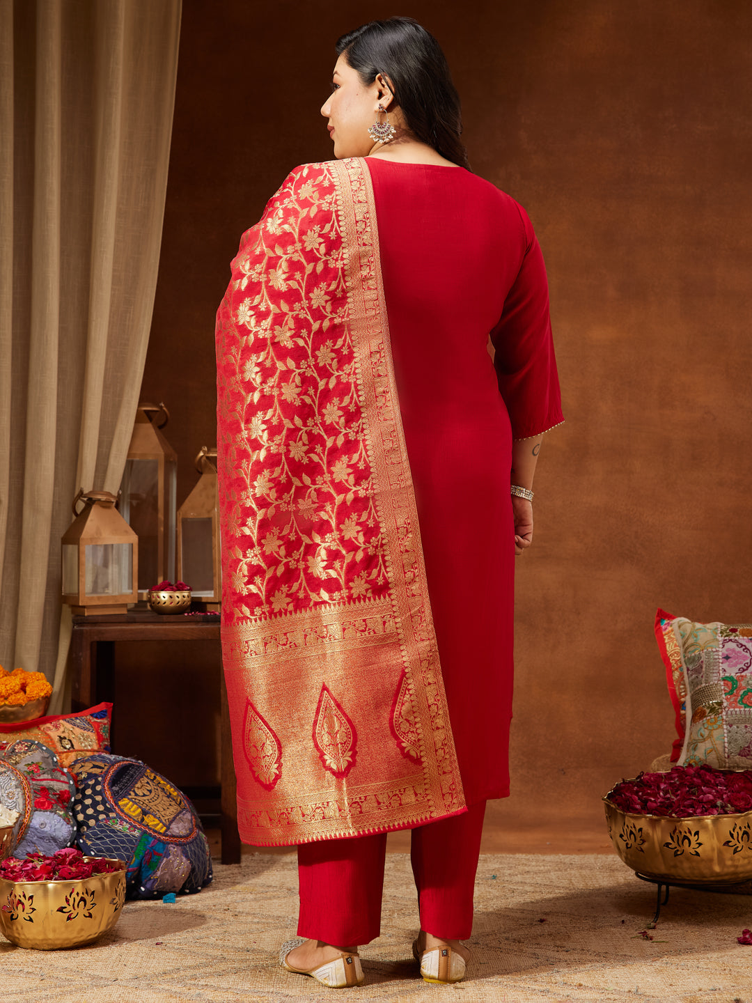 Ninnique Women's Plus Size Maroon Silk Blend Zari Embroidered Straight Kurta Set