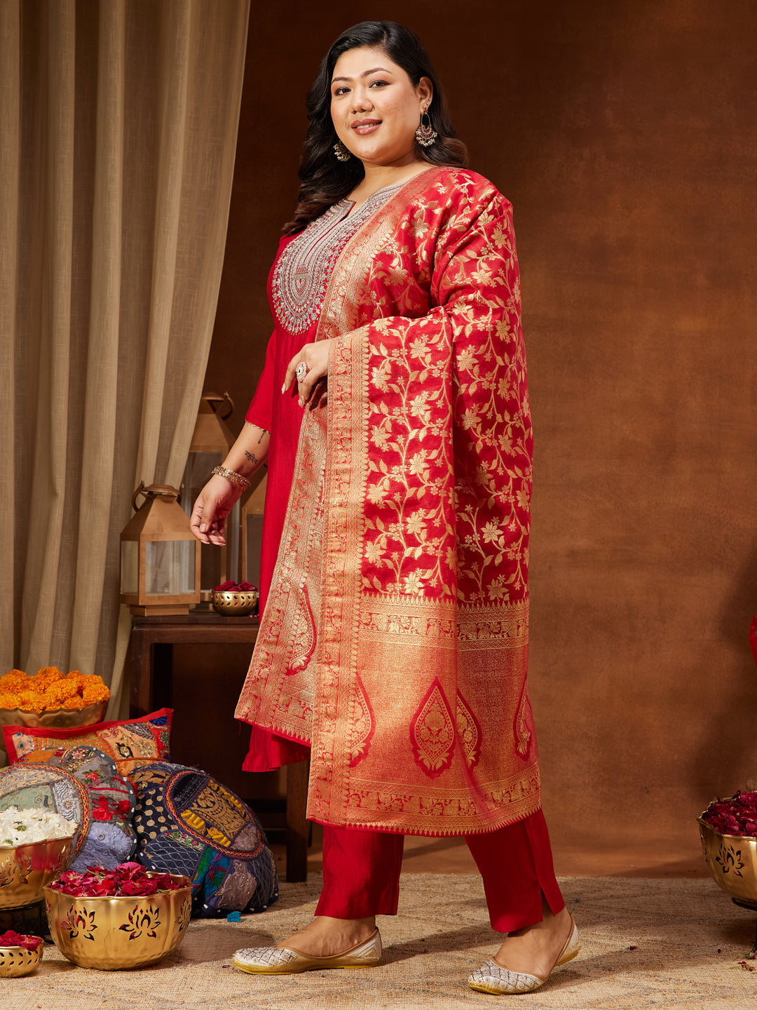 Ninnique Women's Plus Size Maroon Silk Blend Zari Embroidered Straight Kurta Set