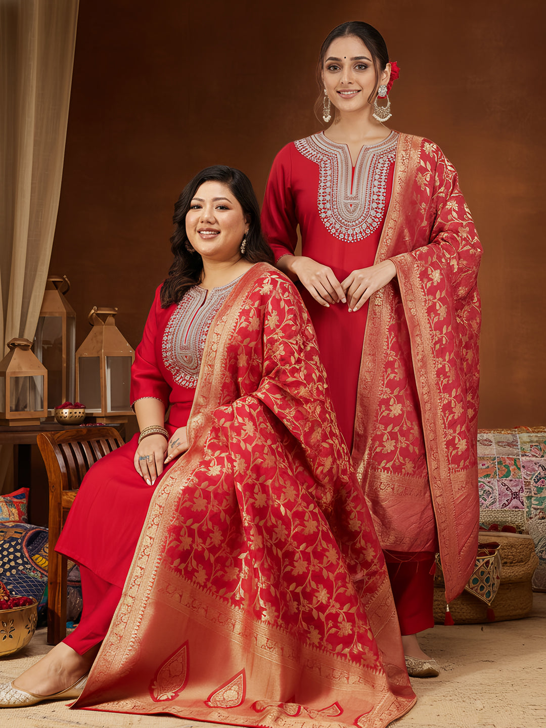 Ninnique Women's Maroon Silk Blend Zari Embroidered Straight Kurta Set