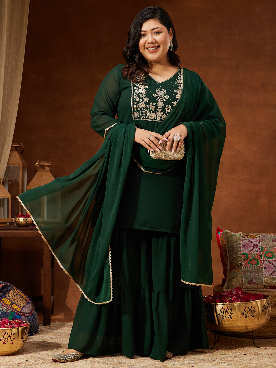 Ninnique Women's Plus Size Dark Green Georgette Zari Embroidered Straight Kurti With Sharara & Dupatta Set